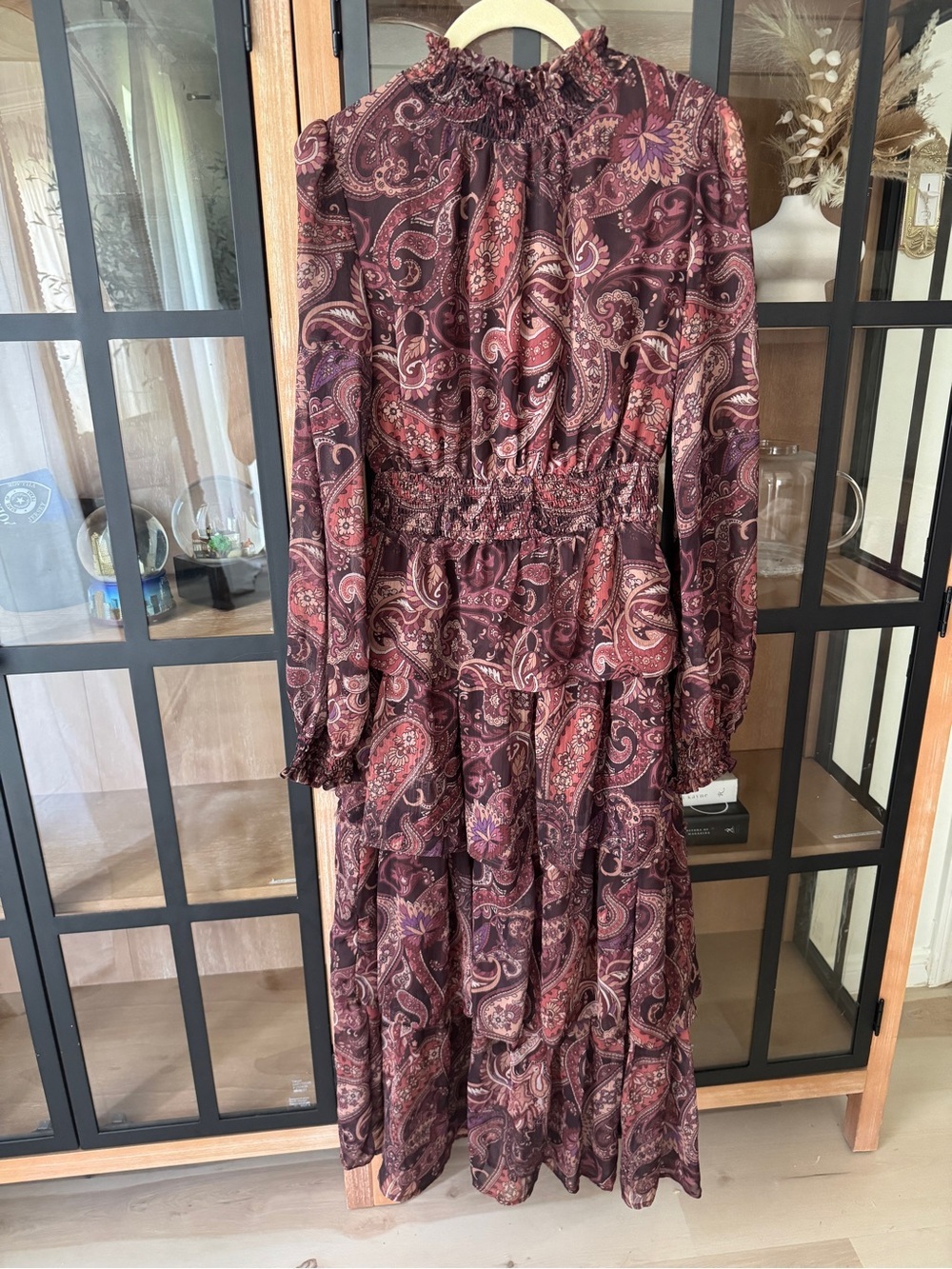 Long sleeve maxi dress tiered ruffle smocked mock neck paisley print stretchy